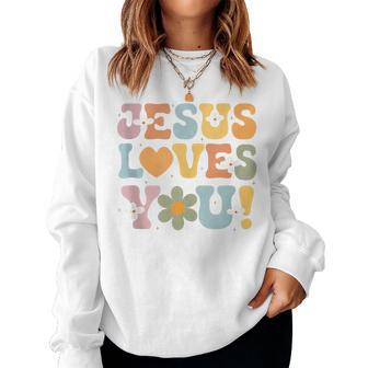 Cute Jesus Loves You Groovy Christian Kid Girl Vintage Women Sweatshirt - Monsterry
