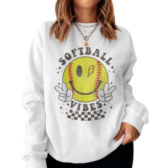 Cute Smile Face Softball Vibes Boys Girls Softball Lovers Women Sweatshirt | Mazezy