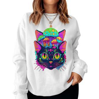 Edm Rave Trippy Cat Mushroom Psychedelic Festival Women Sweatshirt - Seseable