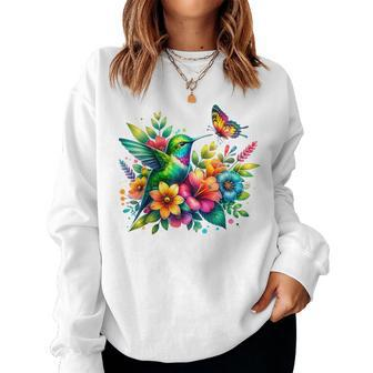 Floral Watercolor Hummingbird & Butterfly Women Sweatshirt - Seseable