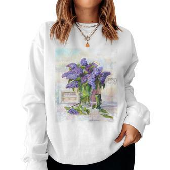 Flowers Lilac Floral Bouquet Essence Of Life Colored Vintage Women Sweatshirt - Monsterry