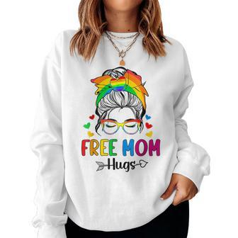 Free Mom Hugs Messy Bun Rainbow Gay Trans Pride Mother Day Women Sweatshirt - Seseable
