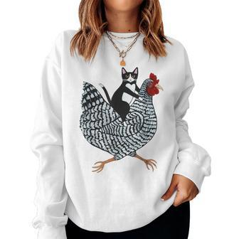 Cat Riding Chicken Tuxedo Cat On A Chicken Lover Women Sweatshirt - Seseable