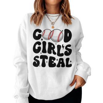 Good Girls Steal Groovy Retro Baseball Woman Girl Softball Women Sweatshirt | Mazezy