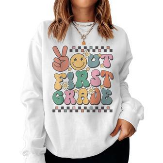 Groovy Last Day Of School 1St Grade Peace Out First Grade Women Sweatshirt - Seseable