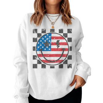 Happy 4Th Of July Groovy Smile Face Red White Blue Usa Flag Women Sweatshirt - Monsterry AU