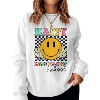 Happy Last Day Of School Groovy Smile Face Teacher Student Women Sweatshirt | Mazezy CA