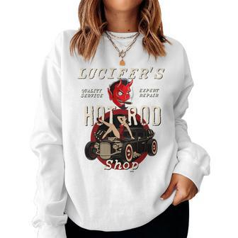 Lucifer's Hot Rod Shop Rockabilly Pin Up Girl Ratty Rat Rod Women Sweatshirt - Monsterry