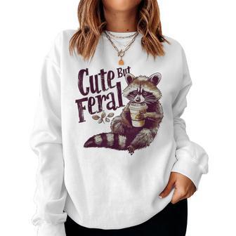 Raccoon Cute But Feral Vintage Raccoon Loves Coffee Women Sweatshirt - Thegiftio UK