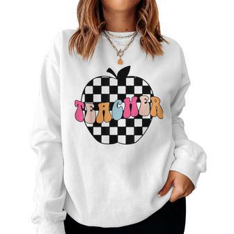 Retro Black And White Checkered Apple Teacher Women Sweatshirt - Seseable