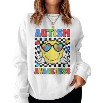 Retro Groovy Autism Awareness Hippie Smile Face Boy Girl Kid Women Sweatshirt | Mazezy