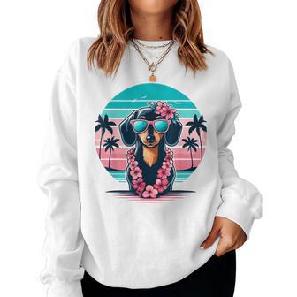 Retro Hawaiian Dachshund Dog Tropical Floral Summer Vibes Women Sweatshirt - Seseable