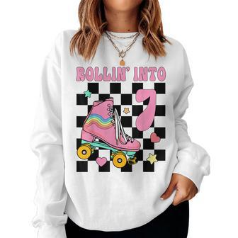 Rolling Into 7 Years Old Roller Skating Girl 7Th Birthday Women Sweatshirt - Seseable