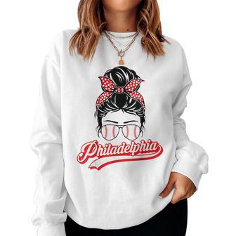 Vintage Philly Baseball Leopard Messy Bun Philadelphia Fans Women Sweatshirt - Monsterry