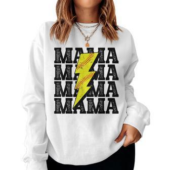 Vintage Softball Mama Distressed Lightning Bolt Mom Women Sweatshirt - Monsterry