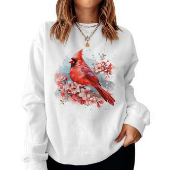 Watercolor Red Cardinal Floral Birdwatching Vintage Birding Women Sweatshirt - Monsterry