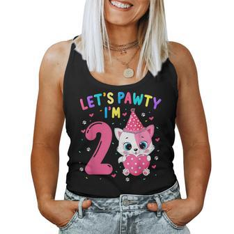 2Nd Birthday Girl Cat Kitten Let's Pawty I'm 2 Year Old Women Tank Top - Monsterry