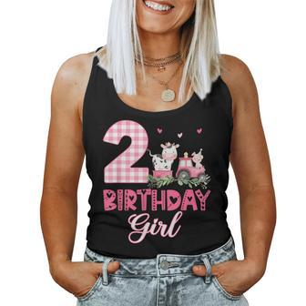 2Nd Birthday Outfit Girl Two Year Old Farm Cow Pig Tractor Women Tank Top - Seseable
