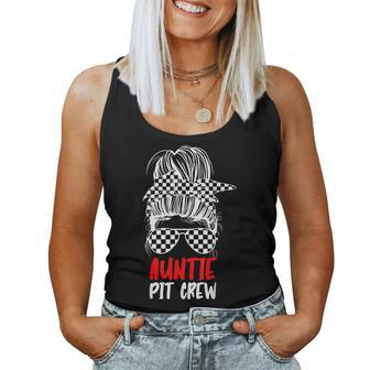 Auntie Pit Crew Messy Bun Race Track Flag Car Racing Womens Women Tank Top - Monsterry CA