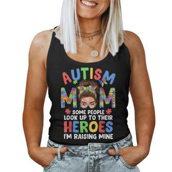 Autism Mom Raising Hero Groovy Messy Bun Autism Awareness Women Tank Top - Monsterry