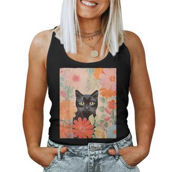 Black Cat And Flowers Cat Lover Cat Floral Cat Women Tank Top | Mazezy