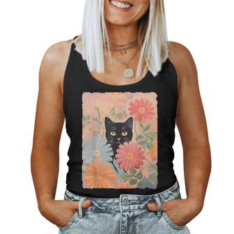 Black Cat And Flowers Cat Lover Cat Floral Cat Women Tank Top - Seseable