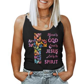 Blessed By God Loved By Jesus Butterfly Cross Women Tank Top - Seseable