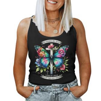 Blessed By God Loved By Jesus Christian Jesus Butterfly Women Tank Top - Seseable