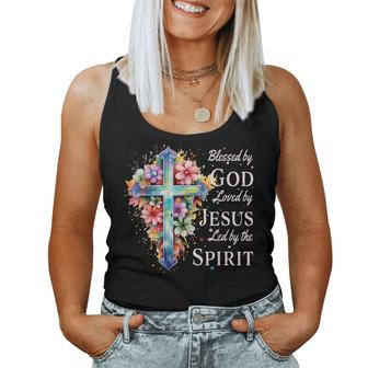 Blessed By God Loved By Jesus Floral Cross Christian Women Tank Top - Thegiftio UK