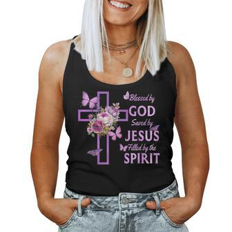 Blessed By God Saved By Jesus Purple Floral Cross Christian Women Tank Top - Thegiftio UK