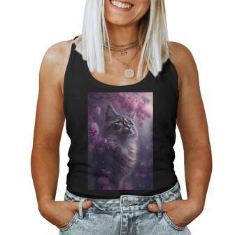 Boho Black Cat Retro Witchy Crescent Moon Purple Lavender Women Tank Top - Monsterry CA