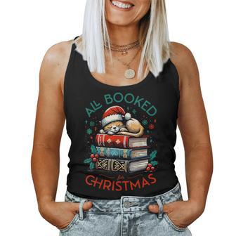 All Booked For Christmas Book Tree Cat Santa Teacher School Women Tank Top - Seseable