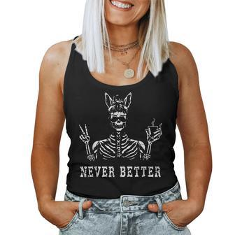 Bunny Skeleton Skull Sunglasses Drinking Coffee Never Better Women Tank Top - Monsterry