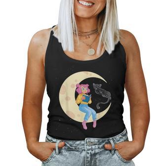 Celestial Cat And Girl Reading Book Read Moon Women Tank Top - Monsterry