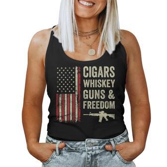Cigars Whiskey Guns & Freedom Usa Flag 4Th Of July Back Women Tank Top - Monsterry DE