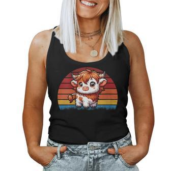 Cute Baby Highland Cow With Vintage Sunset Animal Cow Women Women Tank Top - Monsterry CA