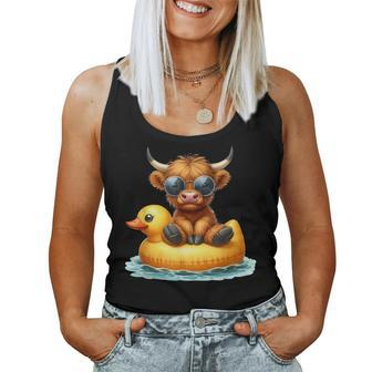 Cute Highland Cow Duck Pool Float Summer Vibes Swimming Women Tank Top - Seseable