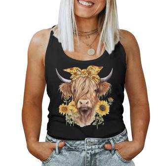 Cute Scottish Highland Cow Wearing Sunflower Bandana Heifer Women Tank Top - Monsterry AU