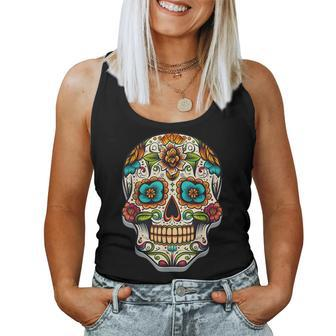 Day Of Dead Sugar Skull Floral Skeleton Head Bone Skull Women Tank Top - Monsterry CA