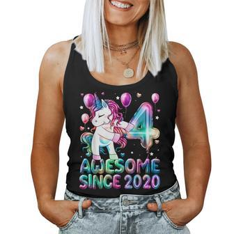 Flossing Unicorn 4 Year Old 4Th Birthday Girl Unicorn Party Women Tank Top - Seseable