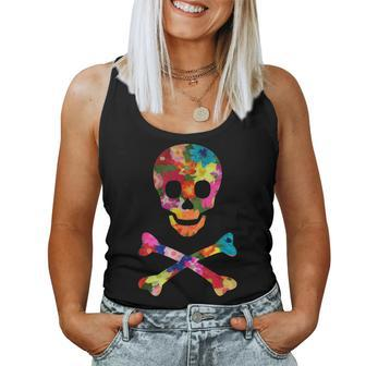 Flowered Skull And Crossbones Funky Jolly Roger Pirate Women Tank Top - Monsterry