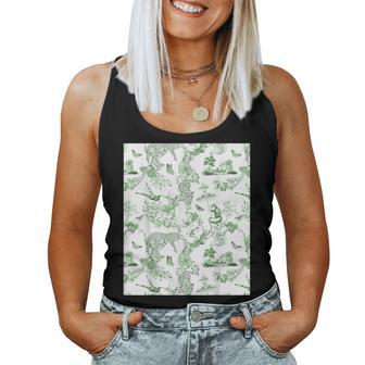 French Green Toile Chinoiserie With Flowers Leopards Women Tank Top - Monsterry UK