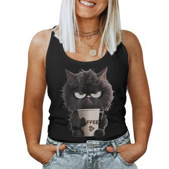 Angry Black Cat Drinking Coffee Loves Coffee Pet Women Tank Top - Monsterry