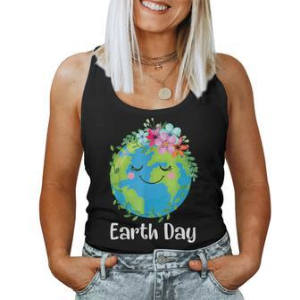 Happy Earth Day Cute Earth With Floral Earth Day 2024 Women Tank Top - Seseable