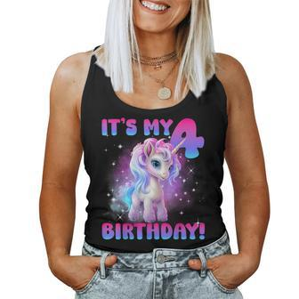 Its My 4Th Birthday Girl Unicorn Family Party Decorations Women Tank Top - Seseable