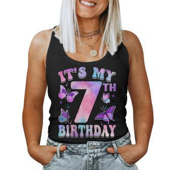 It's My 7Th Birthday Butterfly Theme 7 Year Old Party Girl Women Tank Top - Seseable