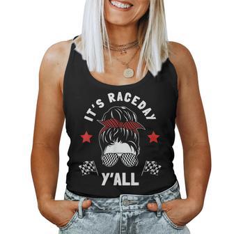 It's Race Day Y'all Checkered Flag Racing Messy Bun Pit Crew Women Tank Top - Monsterry AU