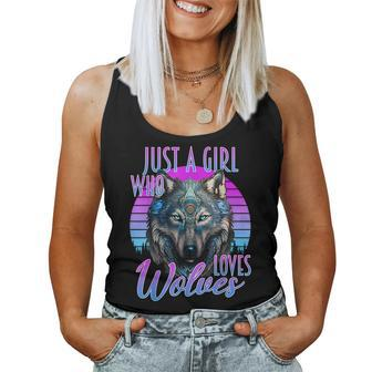 Just A Girl Who Loves Wolves Wolf Purple & Blue Sunset Women Tank Top - Monsterry