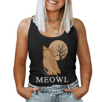 Meowl Cat Owl With Tree And Full Moon Women Tank Top - Monsterry