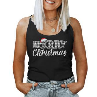 Merry Christmas Buffalo Black And White Plaid For Women Women Tank Top | Mazezy